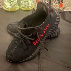 Yeezy Kids Black Knit Sneakers with Red Side Text